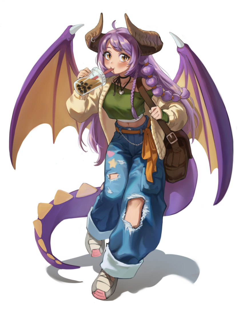 1girl bag belt blue_pants blush brown_bag bubble_tea chain dragon_girl dragon_horns dragon_tail dragon_wings drinking_straw full_body heart heart_necklace highres horns im_hidari_mimi jewelry long_hair looking_at_viewer midriff multi-tied_hair navel necklace orange_belt original pants purple_hair shadow shoulder_bag simple_background solo standing tail torn_clothes torn_pants very_long_hair white_background wings yellow_eyes