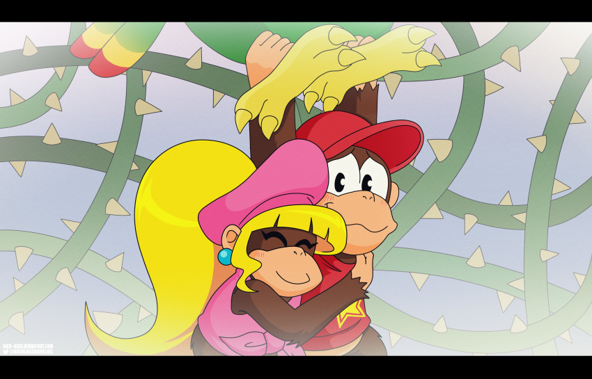 1girl 2boys ^_^ absurdres baseball_cap beret bird black_eyes blonde_hair brown_fur chimpanzee closed_eyes closed_mouth couple cuddling diddy_kong dixie_kong donkey_kong_(series) donkey_kong_country_2 feathers green_feathers hat highres hug leg_grab light_blush long_hair monkey_boy multiple_boys nico-neko no_humans no_pants parrot pink_hat ponytail red_hat red_shirt shirt sleeveless sleeveless_shirt smile squawks star_(symbol) star_print thorns tied_shirt very_long_hair wavy_mouth