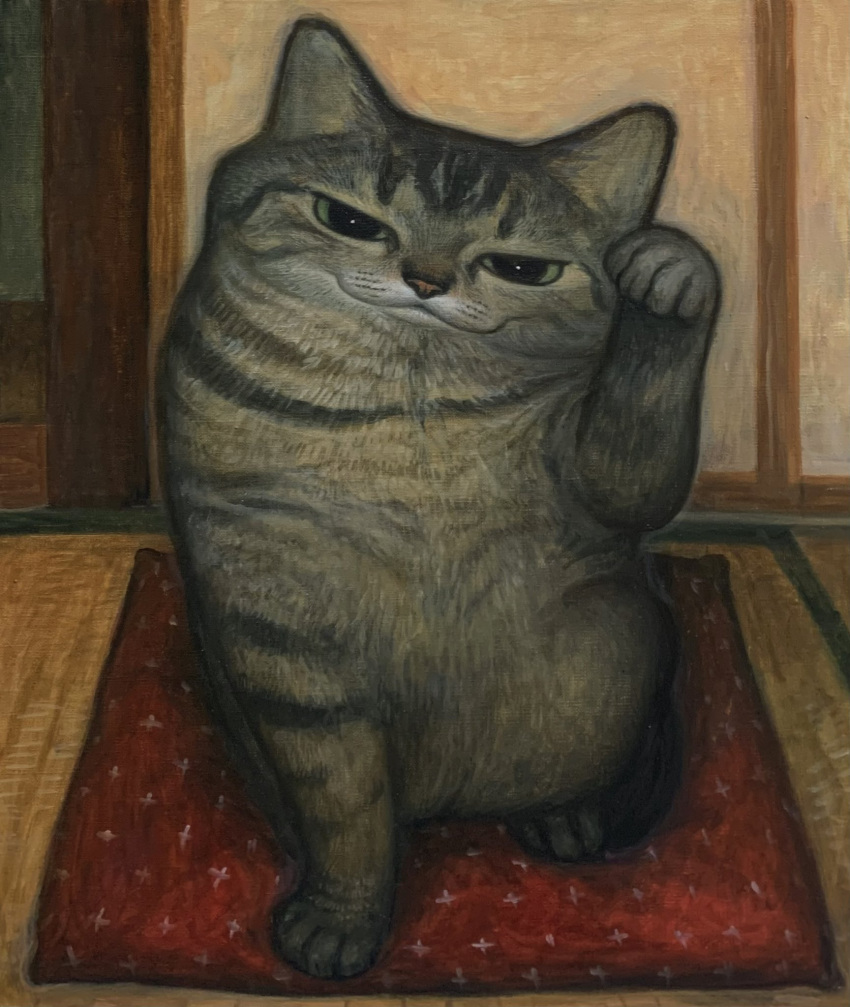 animal animal_focus black_cat cat closed_mouth commentary_request full_body hand_up head_tilt highres indoors karin_hosono looking_at_viewer no_humans on_pillow original painting_(medium) pillow realistic sitting solo straight-on tatami traditional_media