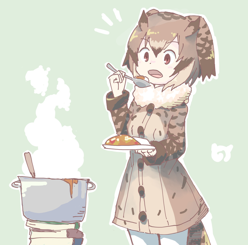 book brown_coat brown_eyes brown_hair coat commentary_request cowboy_shot curry curry_rice eating eurasian_eagle_owl_(kemono_friends) food fur_collar head_wings highres holding holding_plate holding_spoon kemono_friends long_sleeves open_mouth pantyhose pile_of_books plate pot rice solo spoon steam tail_feathers uepon_(shimo_ponzu) white_legwear
