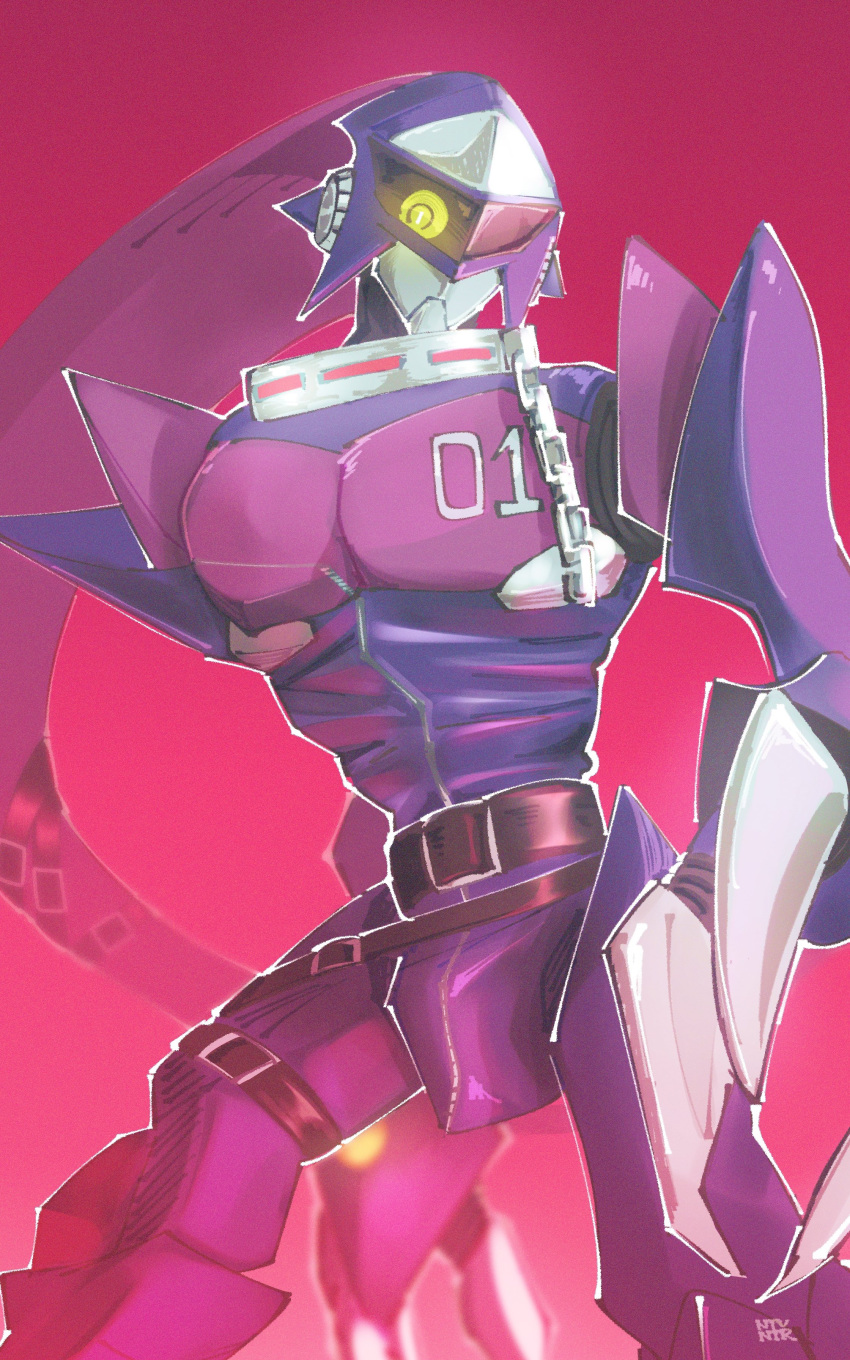 absurdres armor artist_name assault_visor belt blurry blurry_background chain cowboy_shot digimon digimon_(creature) fewer_digits highres notaventura number_print one-eyed purple_armor purple_helmet red_background snatchmon yellow_eyes