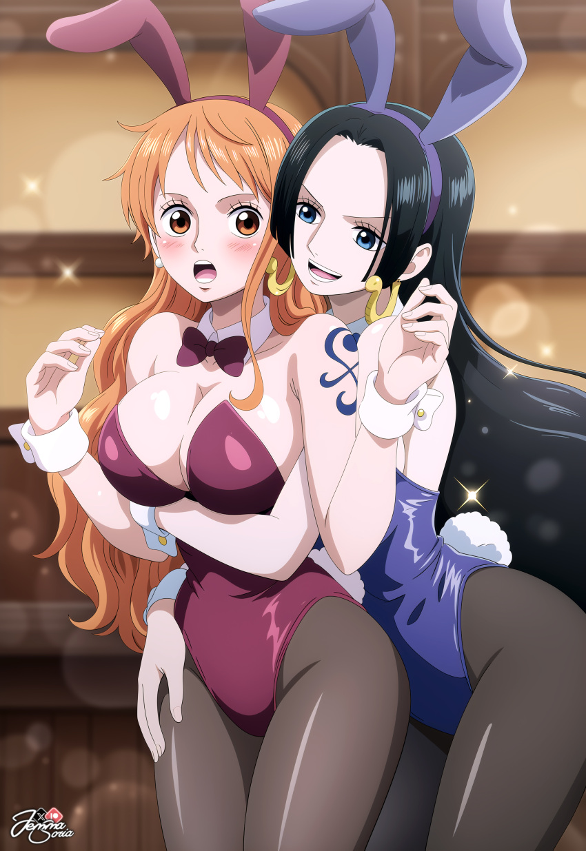 absurdres animal_ears black_hair black_pantyhose blue_eyes blue_leotard boa_hancock bow bowtie breasts brown_eyes cowboy_shot detached_collar highres hug hug_from_behind jemma_(iajemma) large_breasts leotard long_hair nami_(one_piece) one_piece open_mouth orange_eyes pantyhose parted_bangs playboy_bunny purple_bow purple_bowtie purple_leotard rabbit_ears rabbit_tail signature strapless strapless_leotard tail tattoo wrist_cuffs