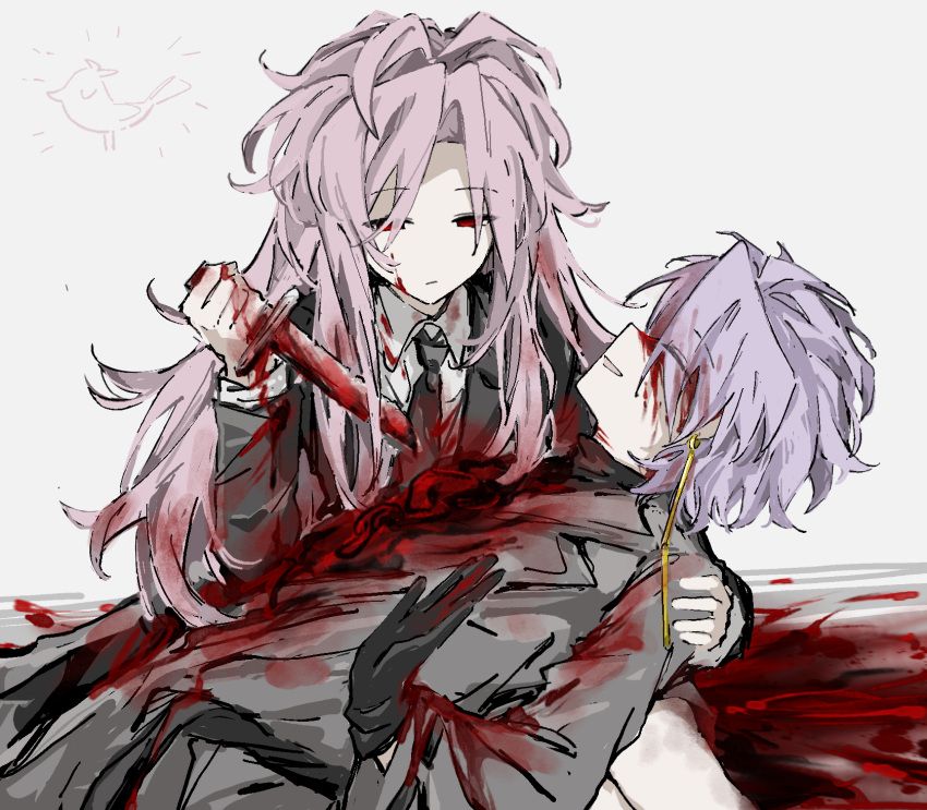 2boys antenna_hair black_jacket black_necktie black_pants blood blood_on_clothes blood_on_face blood_on_knife chinese_commentary closed_eyes closed_mouth coat collared_shirt commentary_request earrings grey_coat guro hatsutori_hajime highres holding holding_knife jacket jewelry jiekuijiangshadaonijiamenkou knife long_hair long_sleeves male_focus multiple_boys necktie open_clothes open_coat open_mouth pants pink_hair purple_hair red_eyes saibou_shinkyoku shirt short_hair smile theodore_riddle white_shirt