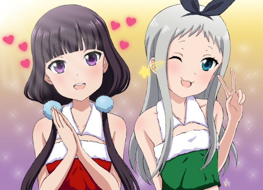 1girl ;3 ;d bangs bare_shoulders black_hair black_hairband blend_s blunt_bangs blush christmas crop_top detached_collar eyebrows_visible_through_hair fur_trim green_eyes hairband hands_clasped heart highres kanzaki_hideri long_hair looking_at_viewer low_twintails one_eye_closed open_mouth otoko_no_ko own_hands_together pom_pom_(clothes) purple_eyes sakuranomiya_maika silver_hair smile star strapless tubetop twintails upper_body vzmk2