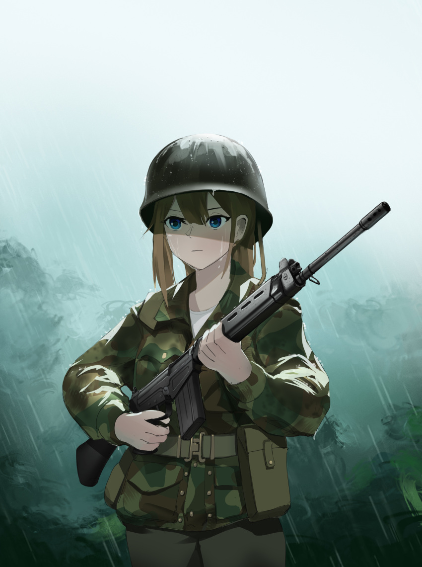 1girl absurdres battle_rifle black_hat black_pants blue_eyes brown_hair camouflage combat_helmet fal_(girls'_frontline) fn_fal gewehrbroker girls'_frontline green_shirt gun helmet highres military_uniform pants rain rifle serious shirt solo uniform weapon white_shirt woodland_camouflage