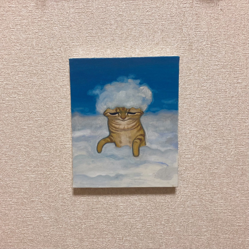 animal animal_focus cat cloud commentary_request hands_up highres karin_hosono no_humans original painting_(medium) photo_(medium) realistic traditional_media upper_body