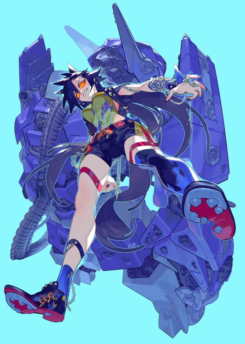 1girl air_shakur_(umamusume) animal_ears aqua_background belt black_footwear black_hair black_jacket black_nails black_shorts black_socks black_thighhighs braid breasts chain cleats clenched_hand clenched_teeth crossover eyebrow_piercing garter_straps grin highres horse_ears horse_girl horse_tail inaki_shinrou jacket long_hair looking_at_viewer looking_down medium_breasts open_clothes open_jacket orange_eyes piercing robot sharp_teeth shirt shockwave_(transformers) shoes short_shorts short_sleeves shorts simple_background single_braid single_garter_strap single_sock smile socks tail teeth thigh_strap thighhighs transformers umamusume v-shaped_eyebrows wristband yellow_shirt