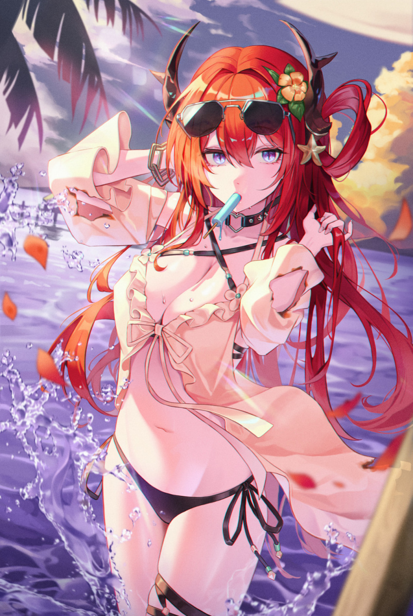 1girl arknights arms_up bikini black_bikini blurry breasts burnt_clothes cleavage cowboy_shot criss-cross_halter demon_girl demon_horns depth_of_field eyewear_on_head fall_(aki) falling_petals food food_in_mouth hair_intakes hair_ornament hair_rings halterneck highres horns large_breasts long_hair looking_at_viewer navel ocean official_alternate_costume outdoors petals popsicle popsicle_in_mouth purple_eyes red_hair red_petals side-tie_bikini_bottom slit_pupils solo star_(symbol) star_hair_ornament sunglasses surtr_(arknights) surtr_(colorful_wonderland)_(arknights) swimsuit swimsuit_cover-up thigh_strap thighs torn_clothes torn_sleeves water