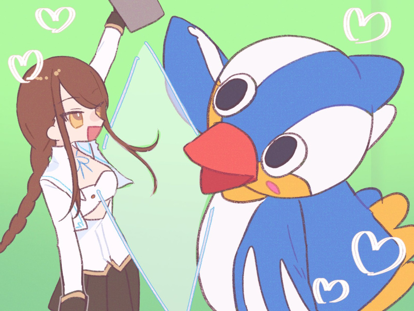 1girl :d animal_costume arm_up bird black_skirt braid breasts brown_eyes brown_hair diamond_(shape) duck green_background hamedori-kun heart highres kkmrasas long_hair mascot mascot_costume nukigee_mitai_na_shima_ni_sunderu_watashi_wa_dou_surya_ii_desu_ka? open_mouth shirt sidelocks skirt smile tadasugawa_rei very_long_hair white_shirt