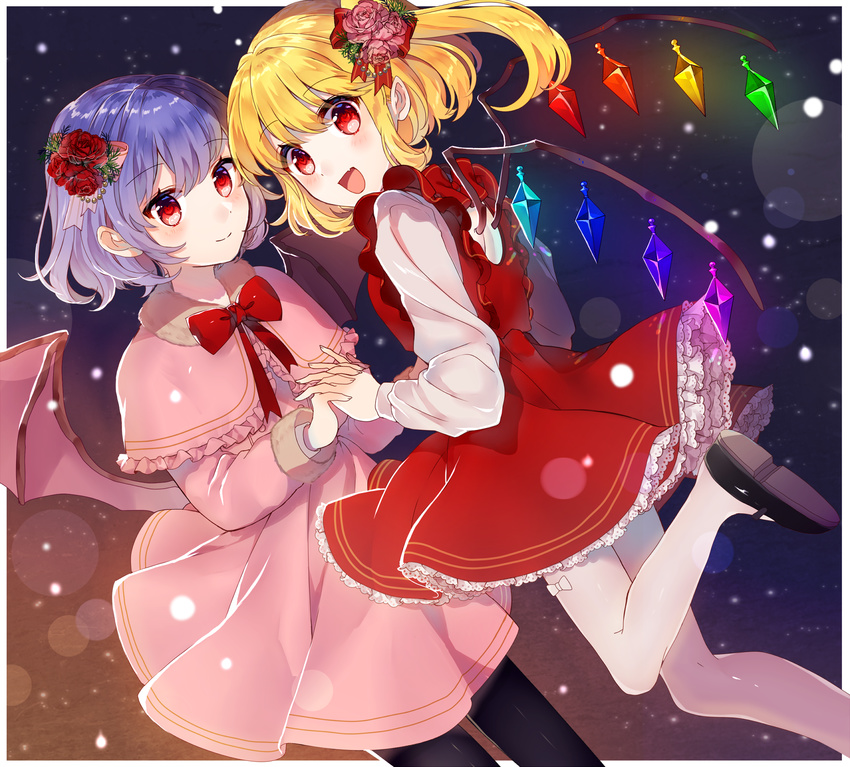 :d black_legwear blonde_hair bow christmas dress flandre_scarlet flower frilled_skirt frills hair_flower hair_ornament highres holding_hands kawachi_rin looking_at_viewer multiple_girls open_mouth outdoors pantyhose petticoat pink_skirt purple_hair red_bow red_dress red_eyes remilia_scarlet short_hair skirt smile snowing standing standing_on_one_leg touhou white_legwear wings