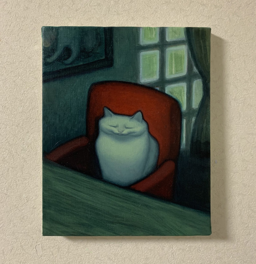 animal animal_focus cat closed_eyes closed_mouth highres indoors karin_hosono no_humans on_chair original painting_(medium) painting_(object) photo_(medium) realistic sitting solo table traditional_media white_cat window