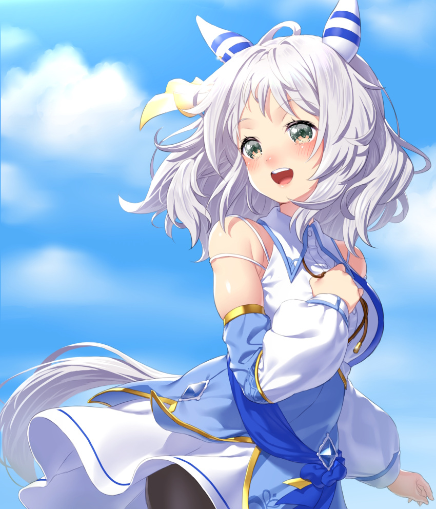 1girl animal_ears bare_shoulders blue_sky breasts brown_eyes cloud collared_dress detached_sleeves dress ear_covers ear_ornament eyebrows_hidden_by_hair grey_hair hair_ornament hand_on_own_chest highres hishi_miracle_(umamusume) horse_ears horse_girl horse_tail medium_breasts medium_hair onsoku_inu open_mouth sky solo tail teeth umamusume upper_teeth_only white_dress
