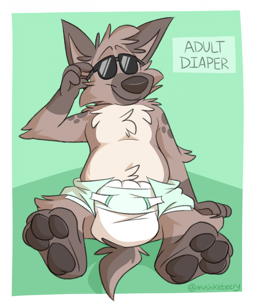 adult_diaper anthro april_fools'_day barefoot brown_body brown_fur clothed clothing detailed_background diaper diaper_only english_text eyewear feet fur green_background hi_res holidays hyena male mammal markings mushketeery mushy_(mushketeery) mushy_(mushketeteery) simple_background smile solo spots spotted_markings sunglasses tan_body tan_fur text topless
