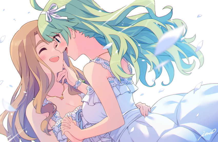2girls artist_name bare_shoulders blue_eyes blush breasts brown_hair cleavage closed_eyes collarbone dress falling_petals green_hair hair_ribbon hairband hand_on_another's_cheek hand_on_another's_face hand_on_another's_waist highres holding_hands idolmaster idolmaster_million_live! idolmaster_million_live!_theater_days ima_(lm_ew) interlocked_fingers jewelry lace-trimmed_dress lace_trim large_breasts long_hair miyao_miya multiple_girls necklace official_alternate_costume open_mouth petals profile pure_onepiece_(idolmaster) ribbon shimabara_elena simple_background smile teeth upper_body wavy_hair white_background white_dress white_hairband yuri