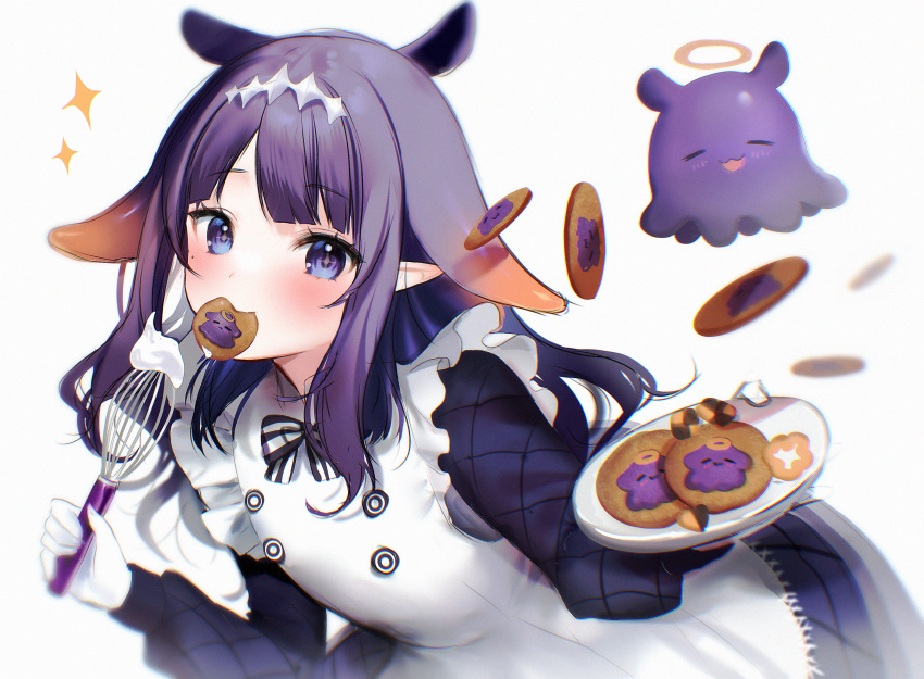 1girl apron black_dress blush cookie dress food gloves highres holding holding_plate holding_whisk hololive hololive_english long_hair looking_at_viewer maru_ccy mole mole_under_eye mouth_hold ninomae_ina'nis ninomae_ina'nis_(6th_costume) official_alternate_costume plate pointy_ears purple_hair sidelocks smile solo takodachi_(ninomae_ina'nis) tentacle_hair virtual_youtuber whisk white_apron white_gloves
