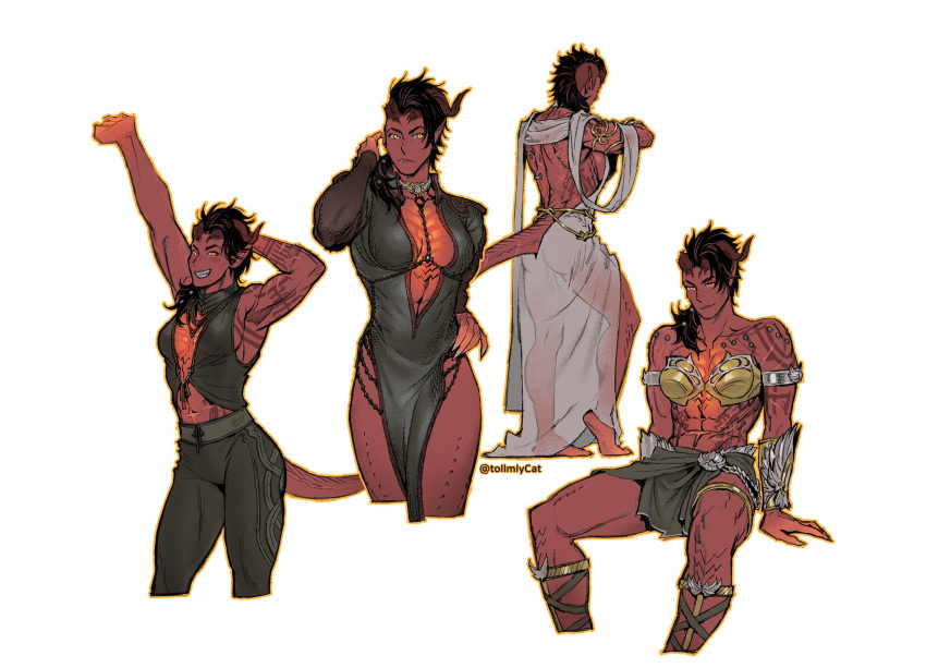 armor ass asymmetrical_hair baldur's_gate baldur's_gate_3 broken_horn colored_skin demon_girl demon_horns demon_tail dress dungeons_&amp;_dragons highres horns karlach multi-tied_hair muscular muscular_female pointy_ears red_skin sidecut smile tail tollmlycat undercut yellow_eyes