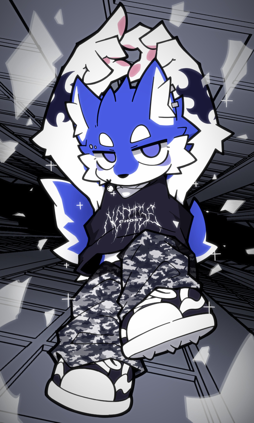 4_fingers absurd_res alternative_fashion anthro blue_body blue_eyes blue_fur building canid canine canis clothing countershade_fur countershading emo falling fingers footwear fur hi_res kemono male mammal military_pants shoes solo white_body white_countershading white_fur wolf yunbucai