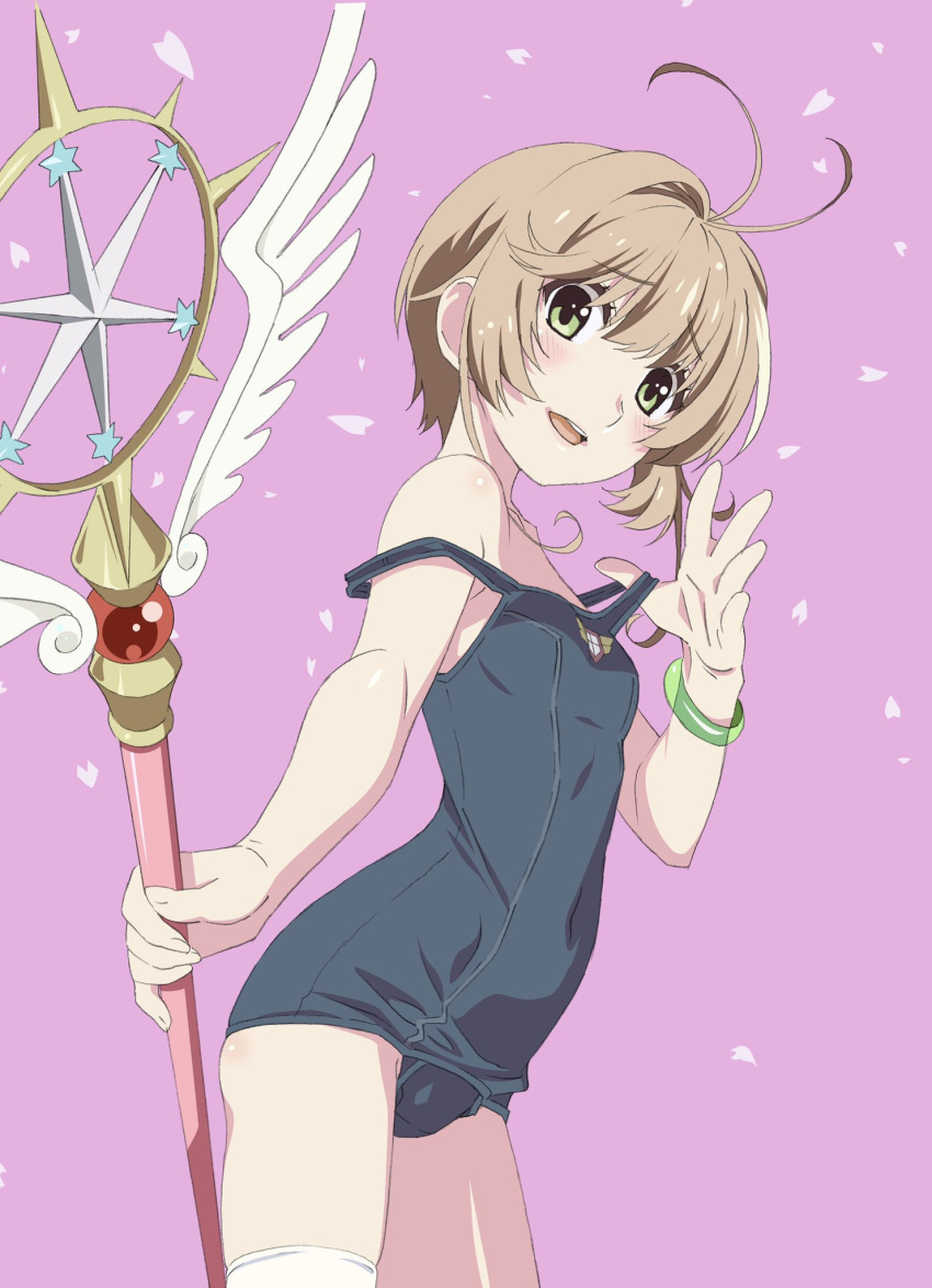 1girl ahoge antenna_hair blue_one-piece_swimsuit blush brown_hair cardcaptor_sakura covered_navel green_eyes hair_intakes highres kinomoto_sakura looking_at_viewer off_shoulder one-piece_swimsuit open_mouth school_swimsuit shiny_skin short_hair simple_background smile solo standing strap_pull swimsuit thighhighs watanabe_akio white_thighhighs yume_no_tsue