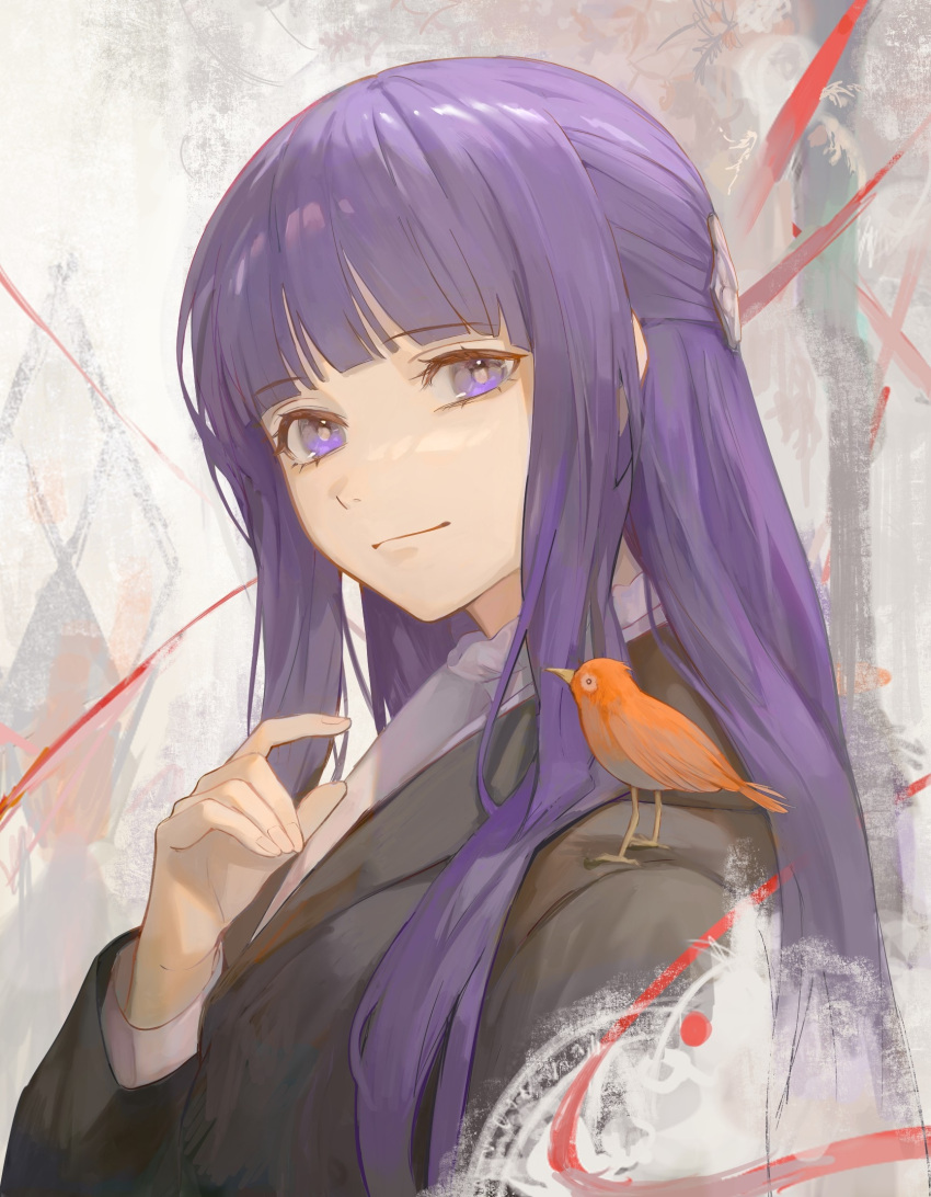 1girl animal_on_shoulder bird bird_on_shoulder black_robe blunt_bangs closed_mouth commentary fern_(sousou_no_frieren) hand_up highres long_hair long_sleeves looking_at_viewer purple_eyes purple_hair robe shirt smile solo sousou_no_frieren straight_hair upper_body very_long_hair white_shirt yoruirooo777