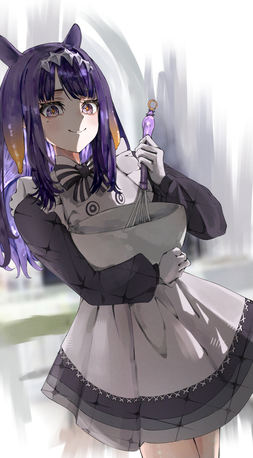 1girl absurdres apron black_dress bowl dress gloves highres holding holding_bowl holding_whisk hololive hololive_english long_hair looking_at_viewer mole mole_under_eye mouchu ninomae_ina'nis ninomae_ina'nis_(6th_costume) official_alternate_costume purple_eyes smile solo tentacle_hair virtual_youtuber whisk white_apron white_gloves