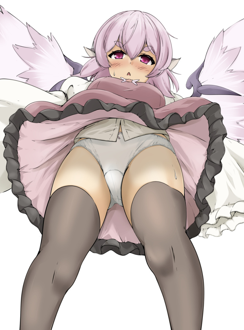 1girl animal_ears bird_ears bird_wings black_thighhighs blush breasts brown_dress dress feet_out_of_frame frilled_dress frilled_sleeves frills from_below hair_between_eyes highres medium_breasts mepikari mystia_lorelei no_headwear open_mouth panties pink_eyes pink_hair pink_wings shirt short_hair simple_background sleeve_garter sleeves_past_fingers sleeves_past_wrists solo thick_eyebrows thighhighs touhou underwear white_background white_panties white_shirt wide_sleeves wings