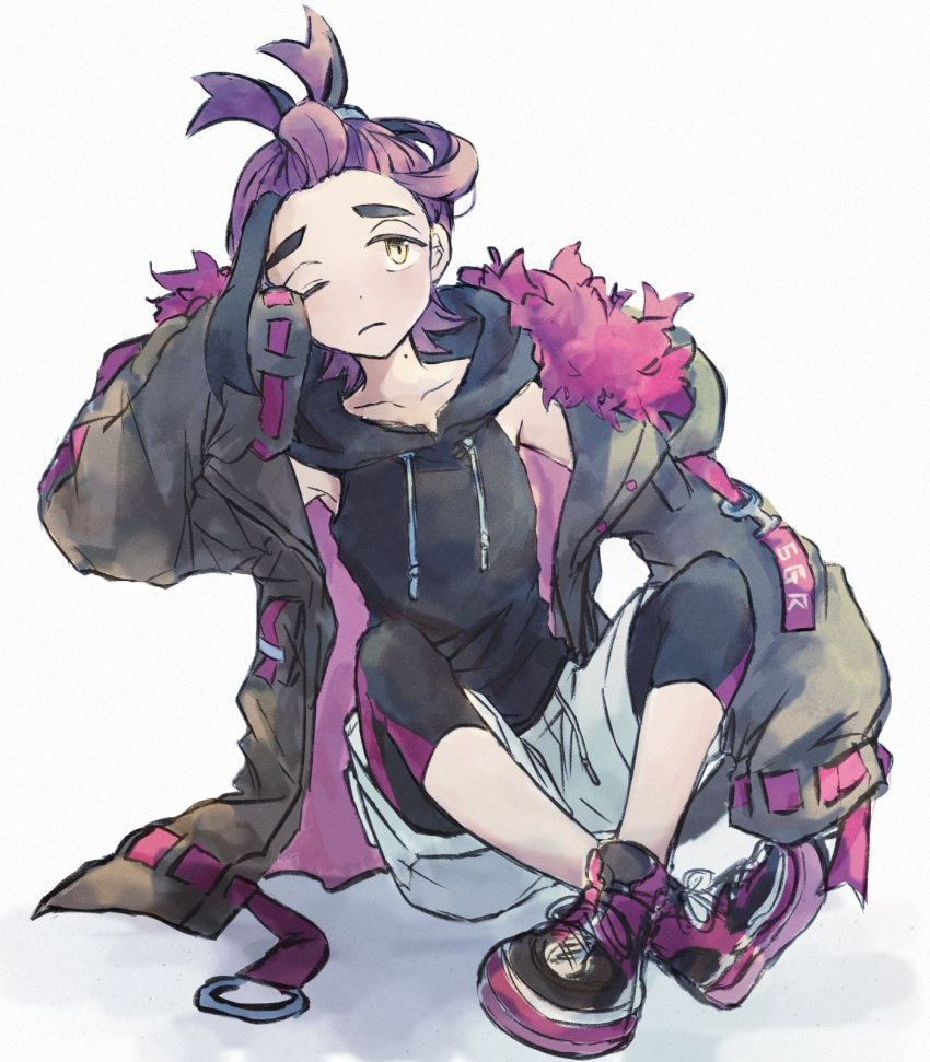 1boy bike_shorts biker_clothes bikesuit black_hair black_hoodie bodysuit closed_mouth coat highres hood hood_down hoodie kieran_(pokemon) knoerakgk31 long_sleeves male_focus mole mole_on_neck multicolored_hair one_eye_closed open_clothes open_coat pokemon pokemon_sv purple_hair shoes shorts simple_background sitting sleeveless sleeveless_hoodie sleeves_past_fingers sleeves_past_wrists sneakers solo white_shorts yellow_eyes