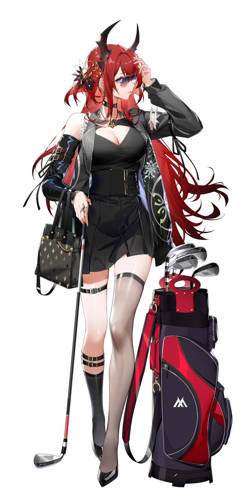 1girl absurdres arknights asymmetrical_legwear bag belt_collar black_dress black_footwear boots breasts calder cleavage cleavage_cutout clothing_cutout collar dress full_body golf_bag golf_club handbag high_heel_boots high_heels highres holding holding_golf_club horns large_breasts long_hair looking_at_viewer pleated_skirt purple_eyes red_hair simple_background skirt solo sunglasses surtr_(arknights) white_background