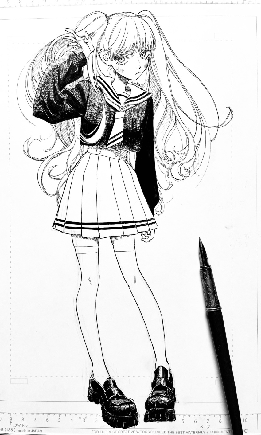 1girl :/ adjusting_hair art_tools_in_frame blush full_body greyscale highres loafers long_hair looking_at_viewer monochrome nib_pen_(medium) nib_pen_(object) original pen photo_(medium) sailor_collar school_uniform serafuku shirt shoes skirt thighhighs traditional_media twintails wavy_hair yamagata_atsuka zettai_ryouiki