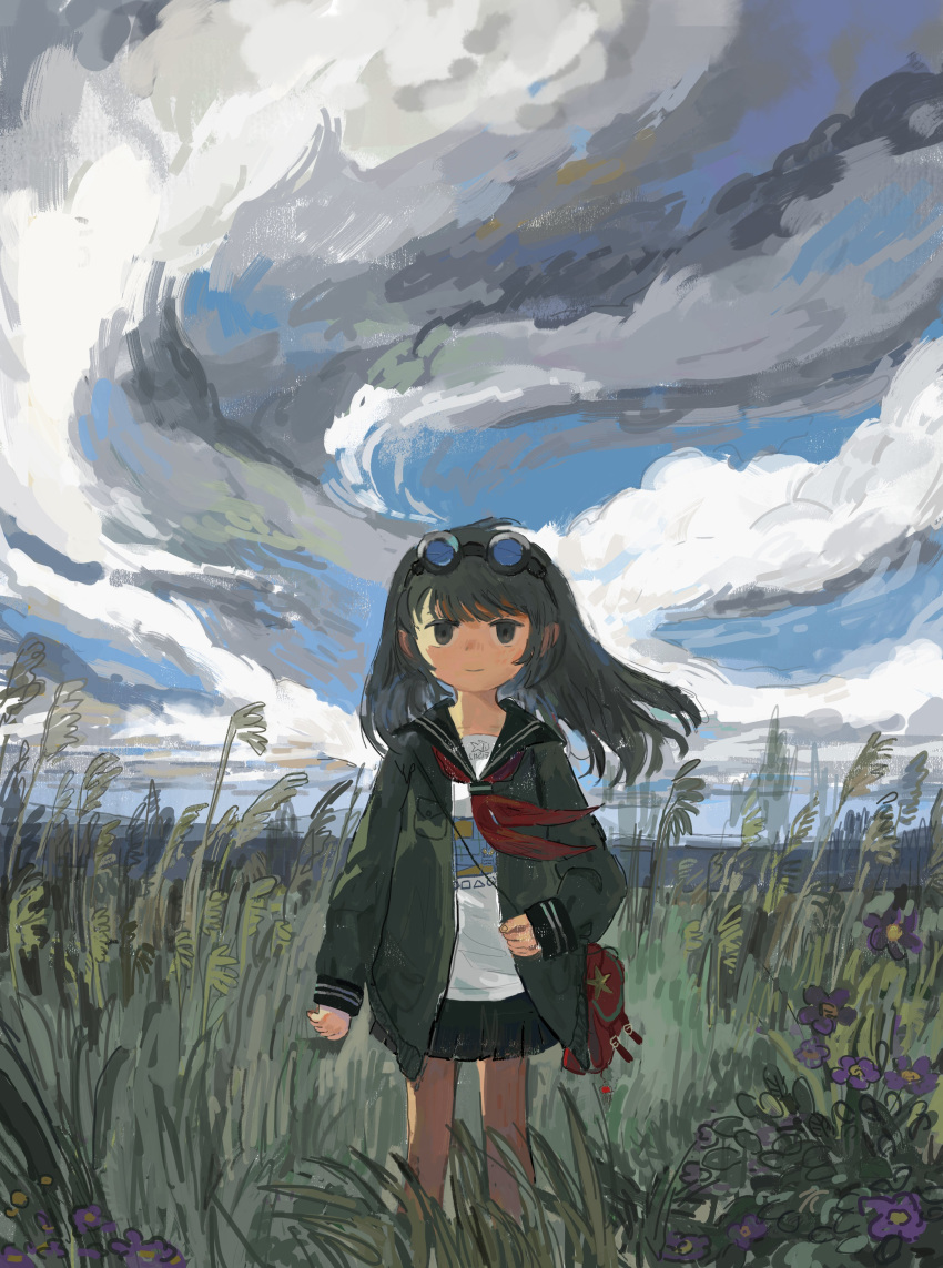 1girl absurdres akziqi arm_at_side bag black_eyes black_sailor_collar black_skirt blue_sky closed_mouth cloud cloudy_sky commentary day feet_out_of_frame floating_hair flower goggles goggles_on_head grass green_jacket highres holding_strap jacket long_hair looking_at_viewer miniskirt neckerchief open_clothes open_jacket original outdoors pleated_skirt print_shirt purple_flower red_neckerchief sailor_collar scenery shirt shoulder_bag skirt sky smile solo standing straight-on tall_grass white_shirt