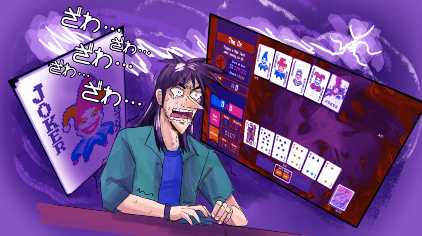 1boy balatro black_hair card commentary dutch_angle english_commentary fukumoto_nobuyuki_(style) highres impactzack itou_kaiji joker_(playing_card) kaiji long_hair male_focus medium_bangs mouse_(computer) official_style open_mouth parody playing_card playing_games pointy_nose poker purple_background solo style_parody upper_body wavy_eyes zawa_(onomatopoeia)