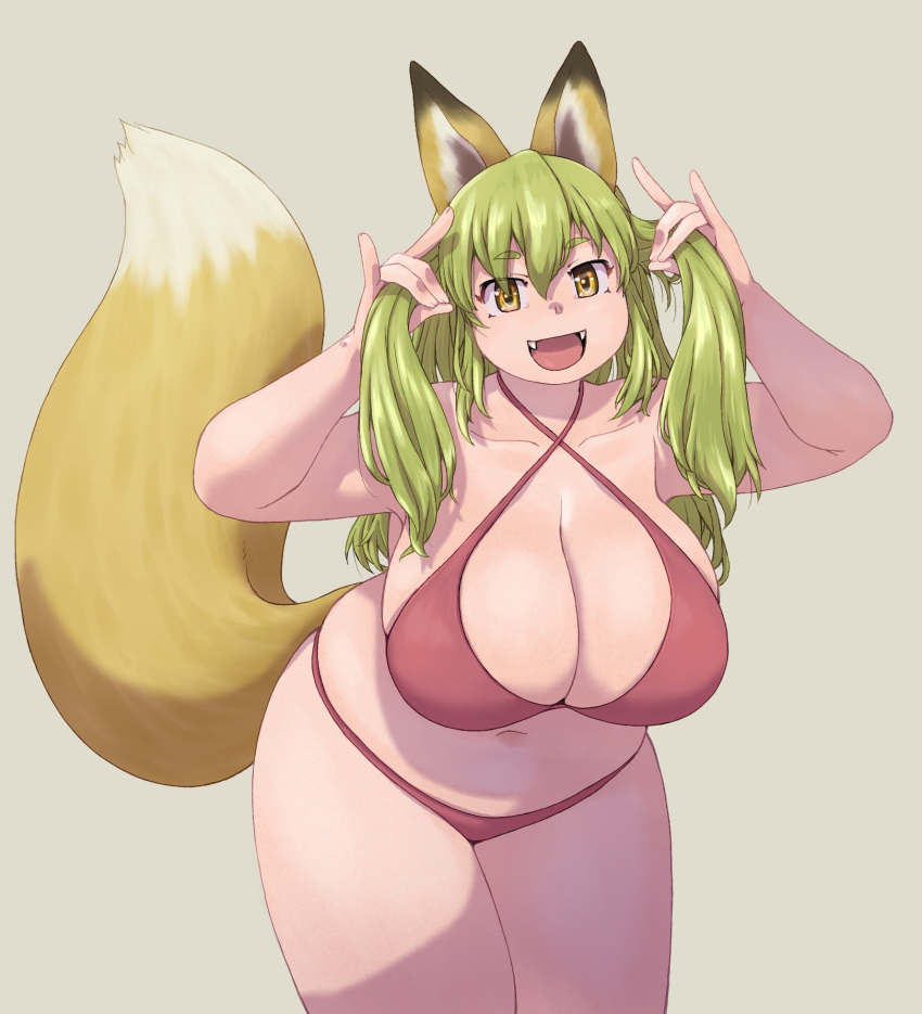 1girl animal_ears bikini breasts cleavage collarbone commentary_request cowboy_shot fangs green_hair grey_background hair_between_eyes highres huge_breasts katou_(katohayabusa) large_tail leaning_forward long_hair looking_at_viewer navel open_mouth original red_bikini sidelighting simple_background solo swimsuit tail thick_thighs thighs yellow_eyes yellow_tail