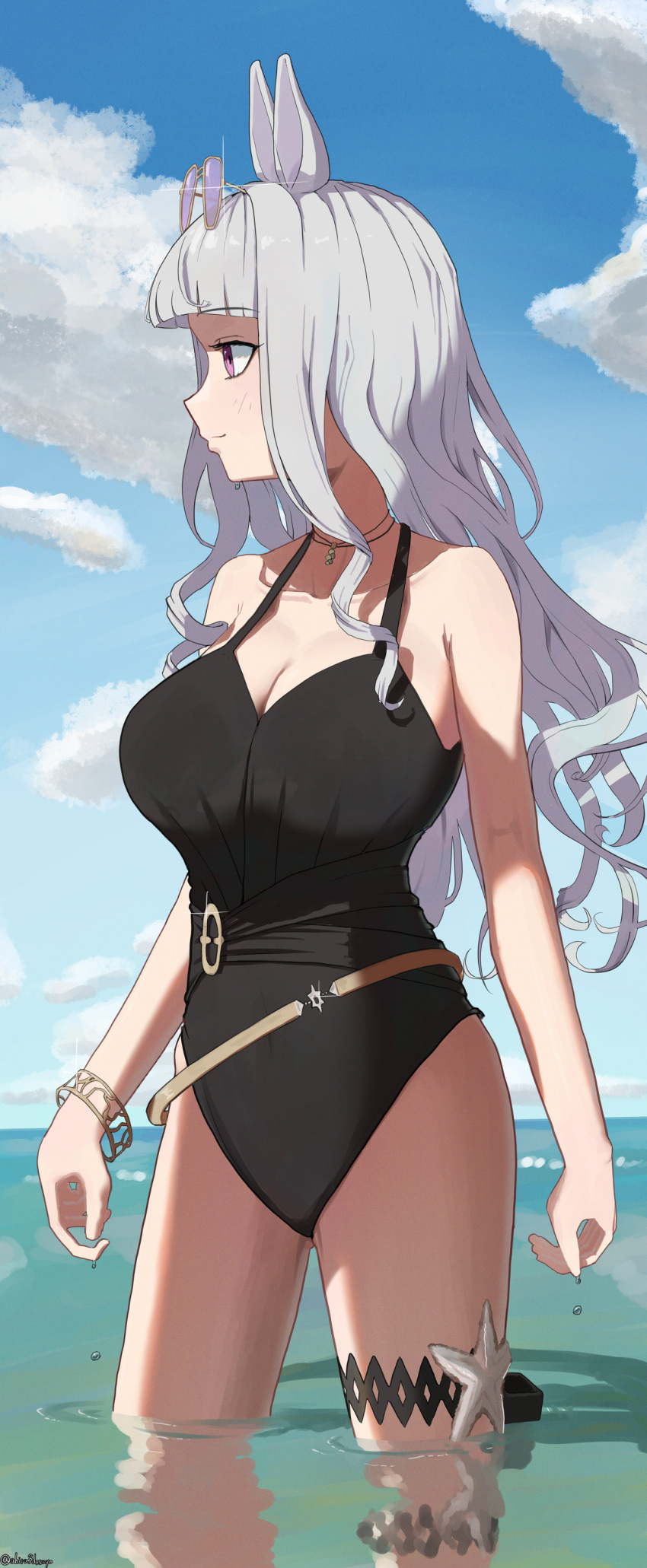 1girl absurdres ahiru3desuyo animal_ears black_one-piece_swimsuit blue_sky bracelet breasts casual_one-piece_swimsuit cleavage cloud day eyewear_on_head gold_ship_(run_revolt_launcher)_(umamusume) gold_ship_(umamusume) highres horse_ears jewelry large_breasts long_hair looking_to_the_side one-piece_swimsuit outdoors profile purple_eyes sky solo sunglasses swimsuit umamusume wading water white_hair