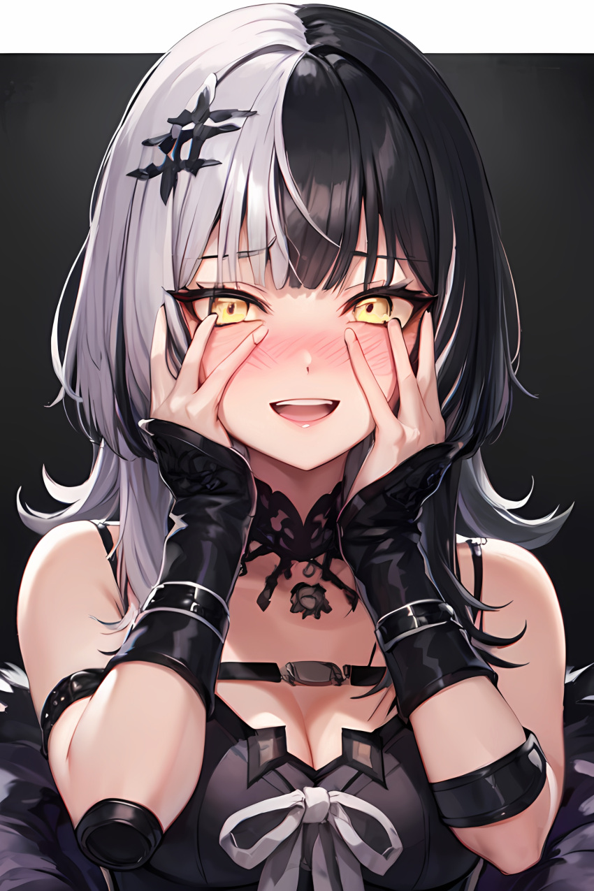 1girl absurdres ai-generated bare_shoulders black_choker breasts choker highres large_breasts looking_at_viewer multicolored_hair non-web_source shiori_novella smile virtual_youtuber