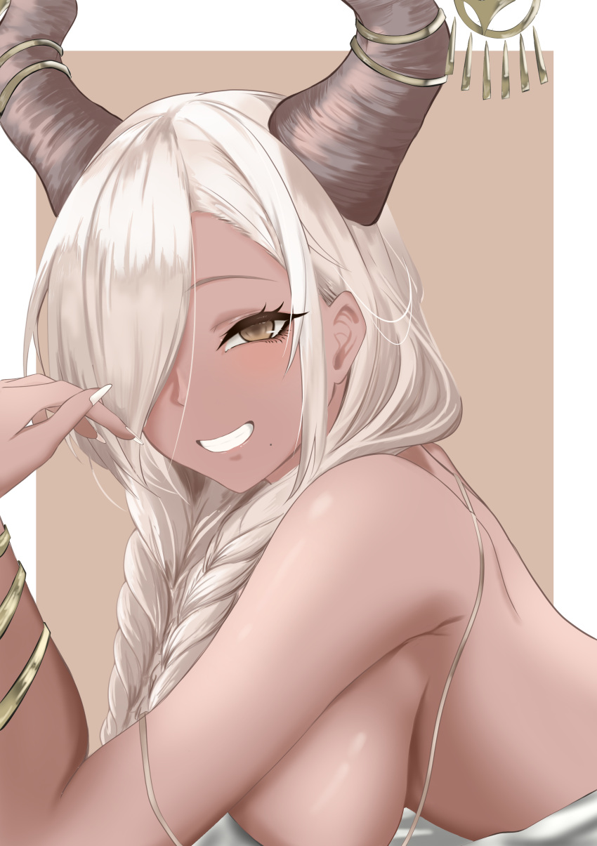 1girl absurdres azur_lane blonde_hair braid breasts brown_background brown_horns commentary_request dark-skinned_female dark_skin from_side grin hair_over_one_eye highres horn_ornament horns large_breasts large_horns long_hair looking_at_viewer looking_to_the_side low_twin_braids mole mole_under_mouth nail_polish official_alternate_costume one-piece_swimsuit owari_(azur_lane) owari_(shimmering_forsythia)_(azur_lane) revealing_clothes shiba_shiba_06 sideboob simple_background smile solo swimsuit twin_braids two-tone_background white_nails white_one-piece_swimsuit yellow_eyes