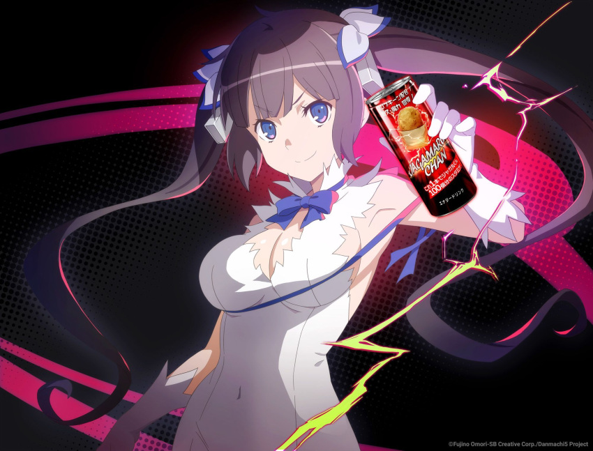 april_fools artist_request black_hair blue_eyes breasts can dress dungeon_ni_deai_wo_motomeru_no_wa_machigatteiru_darou_ka energy_drink english_commentary gloves hestia_(danmachi) highres holding holding_can large_breasts looking_at_viewer official_art sleeveless sleeveless_dress twintails white_dress white_gloves