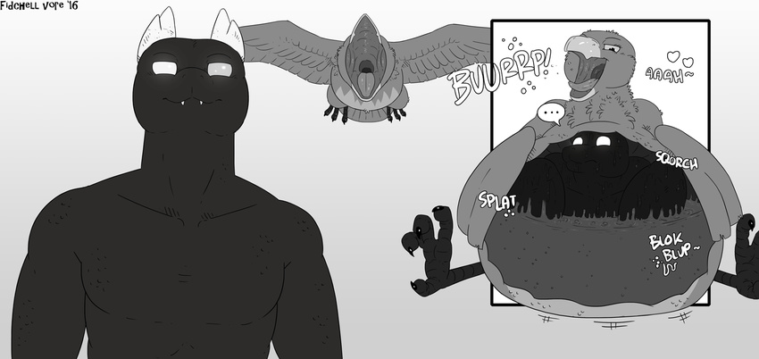 &lt;3 2016 anthro avian beak belly big_belly bird burping buzzard digestion duo feathered_wings feathers female feral fidchellvore flying honey_buzzard lyla_the_honey_buzzard male monochrome open_mouth oral_vore simple_background sitting smile spread_wings talons tongue tongue_out unknown_species vore wings