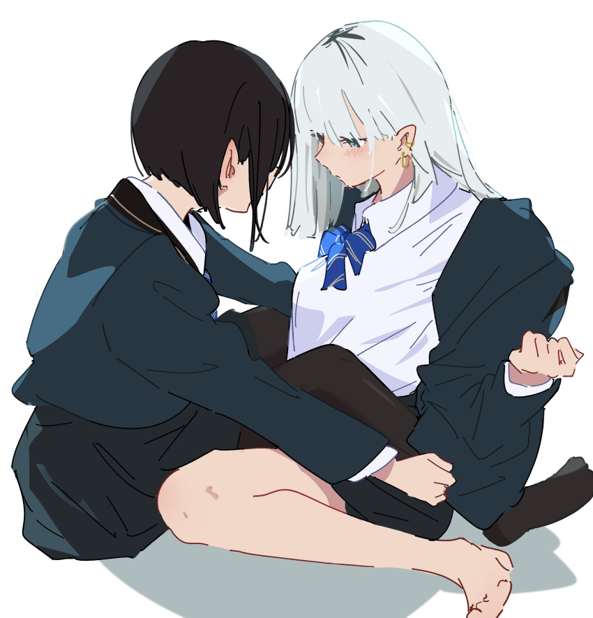 2girls absurdres atenaba barefoot black_hair black_pantyhose black_skirt blue_bow blue_bowtie blue_eyes blue_jacket blush bob_cut bow bowtie breasts collared_shirt dress_shirt highres inverted_bob jacket long_hair medium_breasts multiple_girls no_shoes open_clothes open_jacket original pantyhose school_uniform shadow shirt short_hair sidelocks simple_background sitting sitting_between_lap skirt wariza white_background white_hair white_shirt yuri