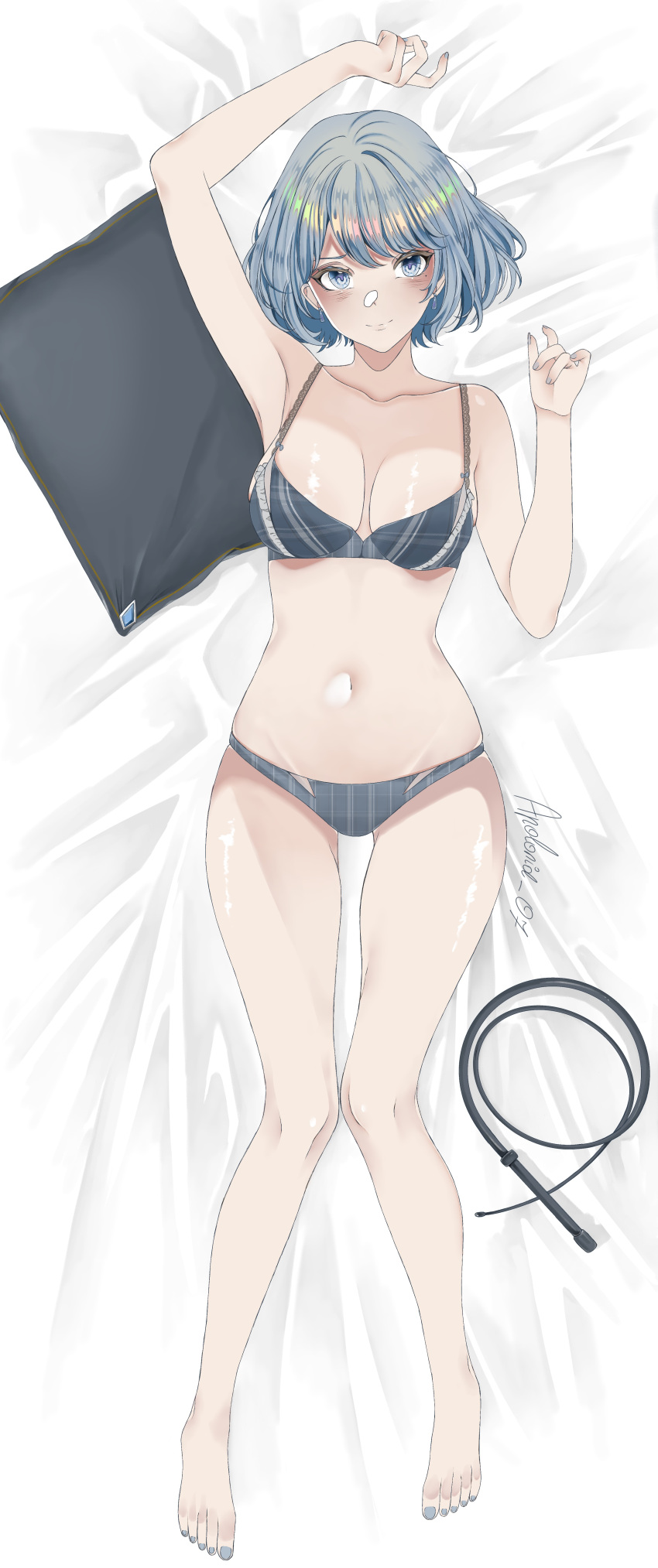 absurdres ace_attorney ace_attorney_investigations apolonia_07 blue_eyes blue_hair blush breasts dakimakura_(object) franziska_von_karma highres non-web_source phoenix_wright:_ace_attorney_-_justice_for_all pillow solo underwear whip