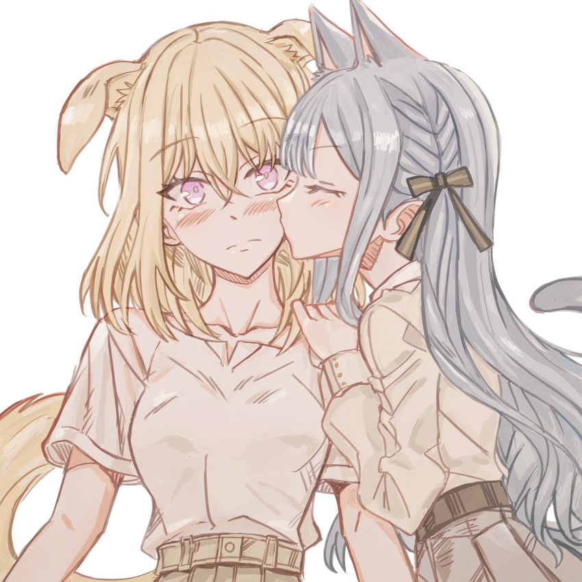 2girls animal_ears bang_dream! bang_dream!_it's_mygo!!!!! black_ribbon blonde_hair blue_hair blush cat_ears cat_girl cat_tail chinese_commentary closed_eyes closed_mouth commentary_request dog_ears dog_girl dog_tail hair_ribbon hand_on_another's_shoulder highres junjun_(kimi-la) kemonomimi_mode kiss kissing_cheek long_sleeves medium_hair misumi_uika multiple_girls purple_eyes ribbon shirt short_sleeves simple_background tail togawa_sakiko upper_body white_background white_shirt yuri