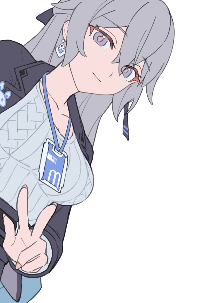 1girl absurdres aran_sweater black_jacket breasts bronya_zaychik bronya_zaychik_(silverwing:_n-ex) cable_knit cleavage closed_mouth collarbone commentary_request earrings grey_eyes grey_hair grey_sweater hair_between_eyes highres honkai_(series) honkai_impact_3rd jacket jewelry karame_rise lanyard long_hair long_sleeves looking_at_viewer medium_breasts open_clothes open_jacket ribbed_sweater simple_background smile solo sweater upper_body v white_background