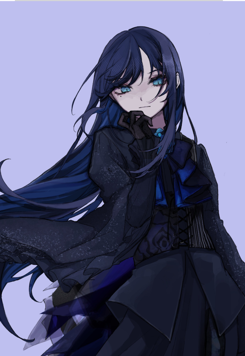 1girl absurdres ado_(utaite) black_dress black_gloves blue_eyes blue_hair chando_(ado) closed_mouth cloud_nine_inc commentary dark_blue_hair dress floating_hair flower_brooch gloves hand_on_own_chin hand_up highres long_hair mole mole_under_eye orihara_(ewkkyorhr) simple_background sleeves_past_wrists solo upper_body utaite wind