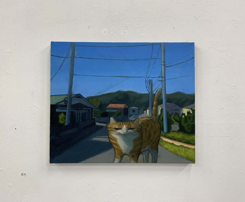 animal animal_focus blue_sky cat clear_sky closed_mouth day feet_out_of_frame highres house karin_hosono looking_at_viewer no_humans orange_cat original outdoors painting_(medium) photo_(medium) power_lines realistic road sky solo traditional_media utility_pole