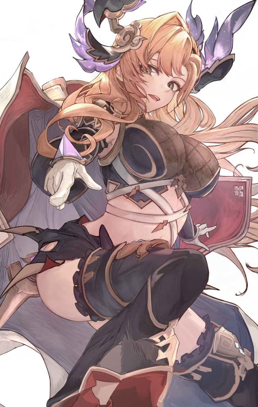 1girl absurdres asaikeu breasts brown_eyes brown_hair cloak gloves granblue_fantasy hair_ornament highres hood hooded_cloak large_breasts leggings long_hair midriff open_mouth tweyen_(granblue_fantasy)