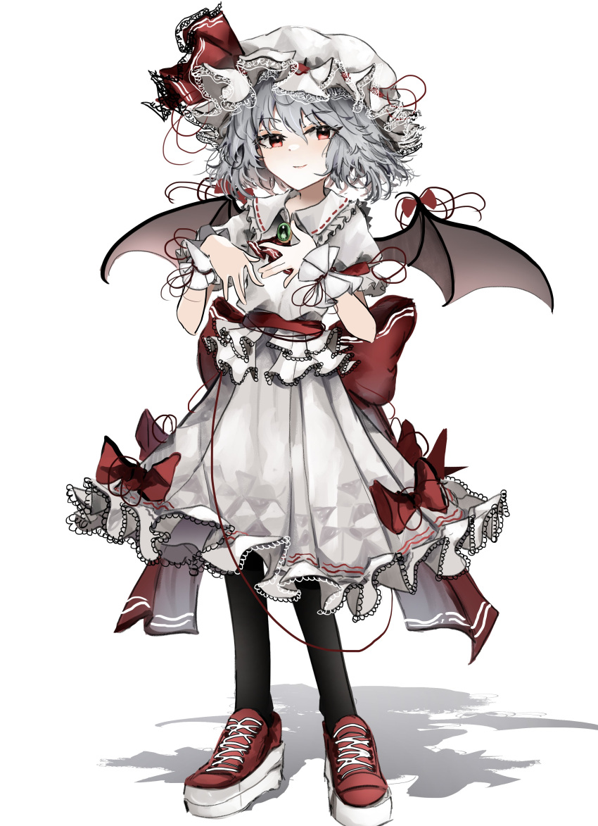 1girl absurdres bat_wings closed_mouth commentary full_body grey_hair hat hat_ribbon highres looking_at_viewer mob_cap ougiikun red_eyes red_footwear red_ribbon remilia_scarlet ribbon shirt short_hair short_sleeves simple_background skirt solo standing touhou white_background white_shirt white_skirt wings wrist_cuffs
