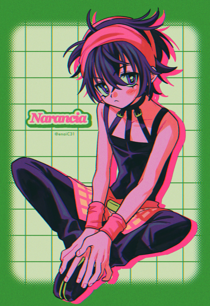 1boy ahoge artist_name bare_arms black_choker black_footwear black_pants black_tank_top blush border character_name choker chromatic_aberration closed_mouth collarbone covered_navel fingernails full_body green_background green_border grid_background hair_between_eyes highres jojo_no_kimyou_na_bouken knees_apart_feet_together looking_at_viewer menma_(enaic31) narancia_ghirga own_hands_together pants purple_eyes red_skirt red_wristband retro_artstyle short_hair sitting skirt sleeveless solo tank_top v-shaped_eyebrows v_arms wristband