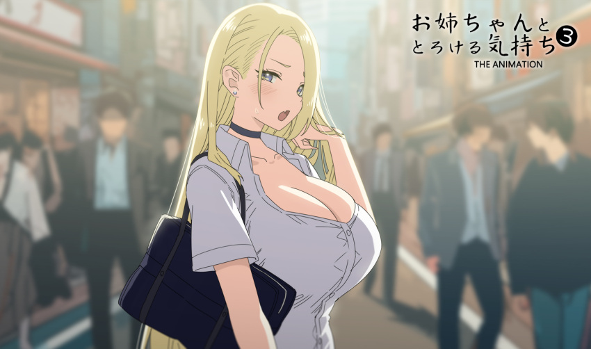 1girl april_fools bag black_choker blonde_hair blue_eyes blush breasts choker cleavage collared_shirt commentary_request earrings hair_behind_ear huge_breasts jewelry joshi_kousei_rich_thots long_hair looking_at_viewer open_mouth original outdoors partially_unbuttoned rena_(sky-freedom) road school_bag school_uniform shirt sky-freedom solo_focus street very_long_hair white_shirt