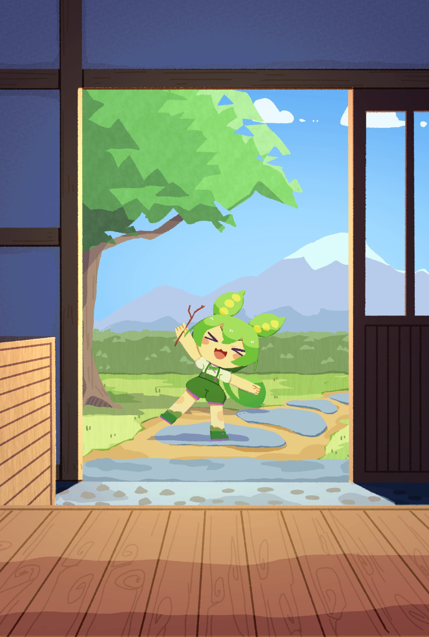 &gt;_&lt; 1girl architecture arm_up blue_sky blush branch cloud commentary day doorway east_asian_architecture from_inside green_footwear green_hair green_shorts highres holding holding_branch konohoshi mountain open_door open_mouth shirt shoes short_sleeves shorts sky sliding_doors smile solo standing suspender_shorts suspenders symbol-only_commentary tree voicevox white_shirt wide_shot wooden_floor zundamon