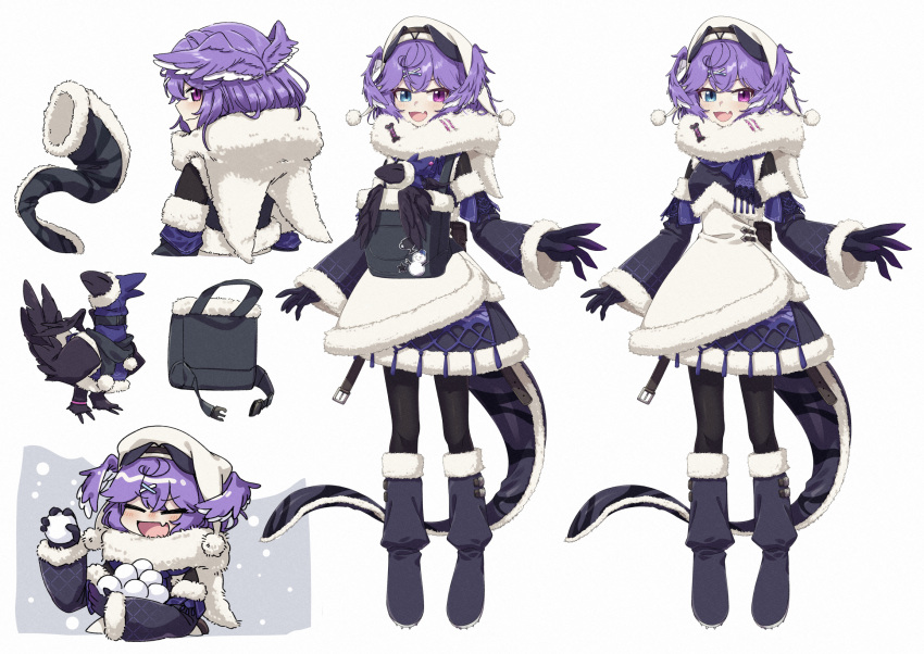 alternate_costume black_footwear blue_eyes dress ember_(selen_tatsuki) fang full_body fur_trim head_wings highres holding multiple_views nijisanji nijisanji_en pantyhose purple_eyes purple_hair reference_sheet selen_tatsuki simple_background skin_fang smile snowball sumiya_nadateru tail virtual_youtuber white_background white_dress wings winter_clothes