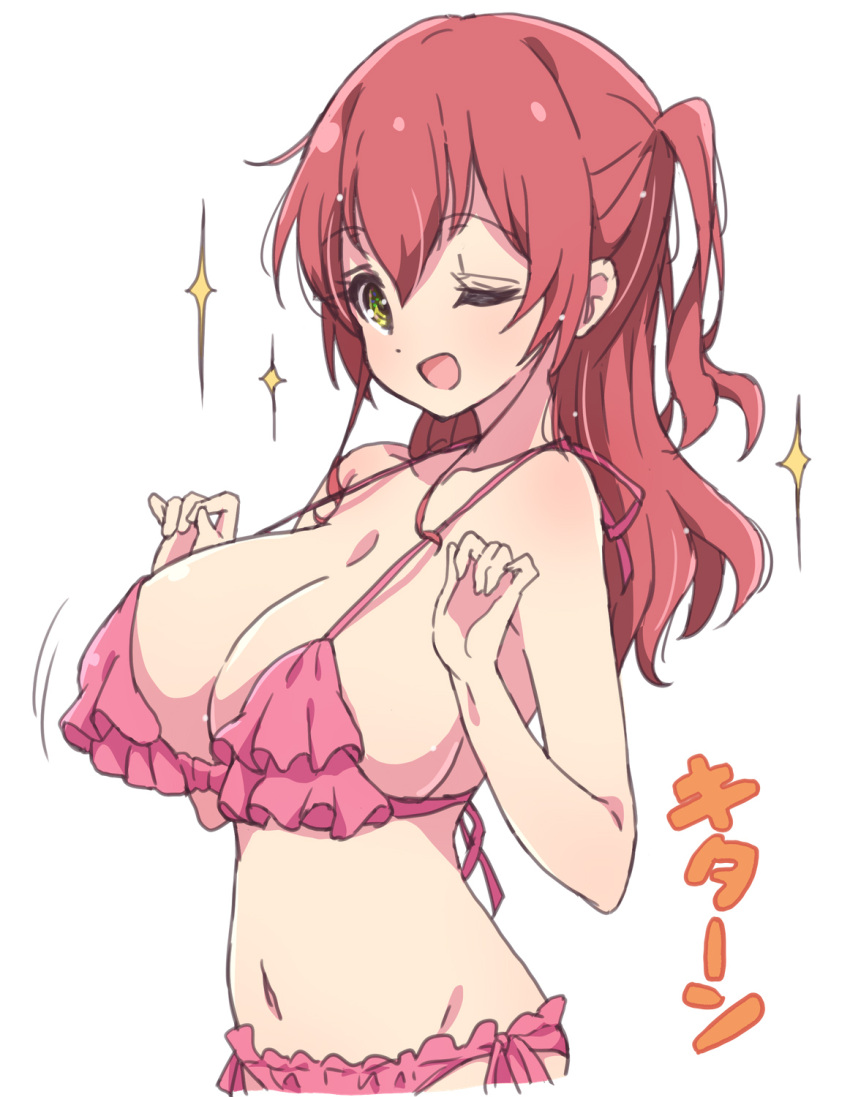 1girl ;d alternate_breast_size bikini bocchi_the_rock! breasts collarbone commentary_request frilled_bikini frills green_eyes highres kita_ikuyo large_breasts looking_at_viewer medium_hair mel_(melty_pot) navel one_eye_closed open_mouth pink_bikini red_hair side_ponytail smile solo swimsuit