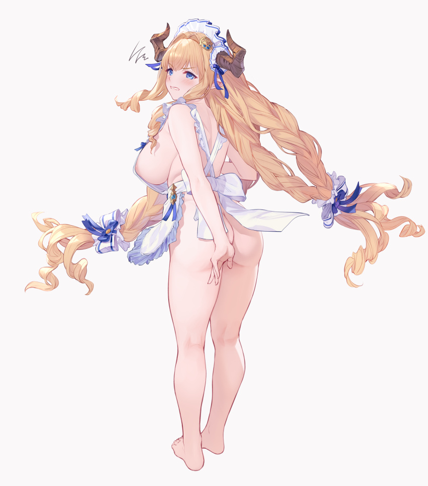 1girl angry apron areola_slip ass blonde_hair blue_eyes blush breasts commentary_request covering_ass covering_privates curvy draph frilled_apron frilled_hairband frills from_behind full_body granblue_fantasy hairband highres horn_ornament horns kneepits large_breasts long_hair looking_to_the_side naked_apron parted_lips pointy_ears razia sideboob sidelocks simple_background solo standing u_jie very_long_hair white_apron white_background